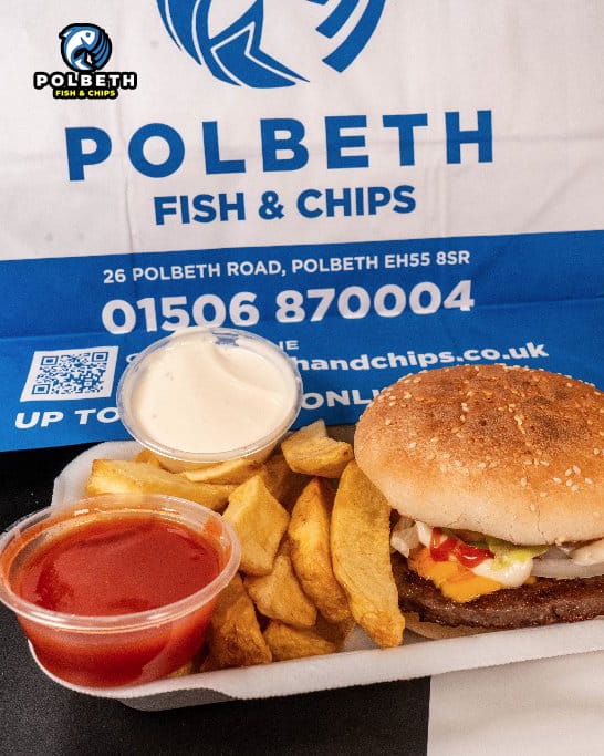 Polbeth beef burger with thick-cut chips, ketchup, and white dipping sauce in Livingston.