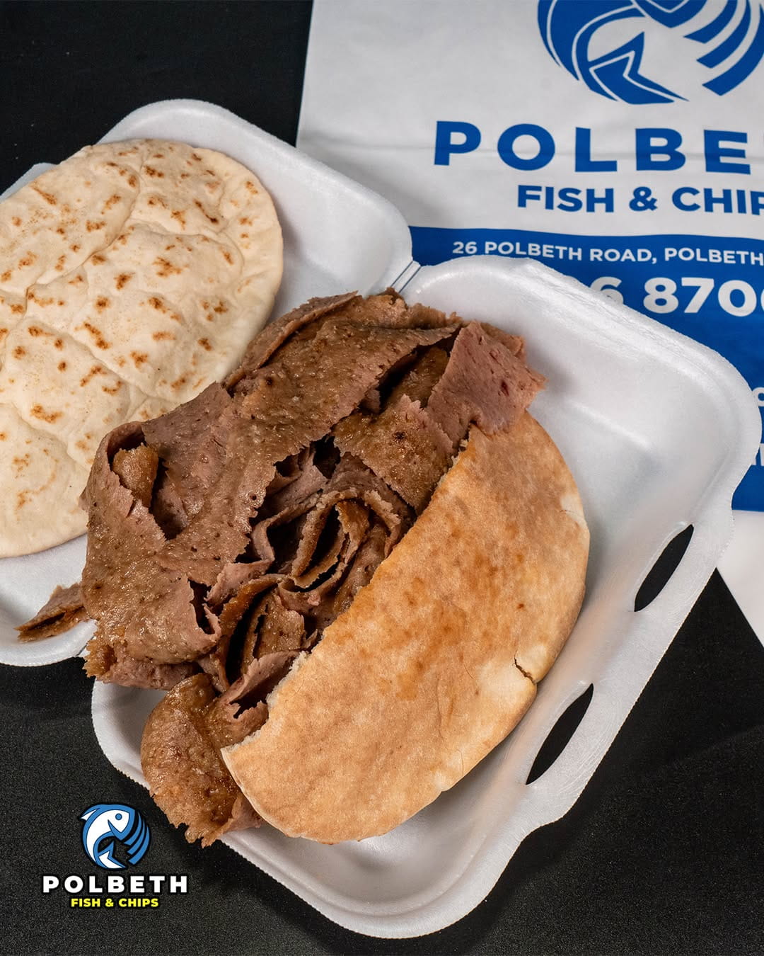 Polbeth takeaway doner kebab meat served in a warm pita bread inside a box in Livingston.